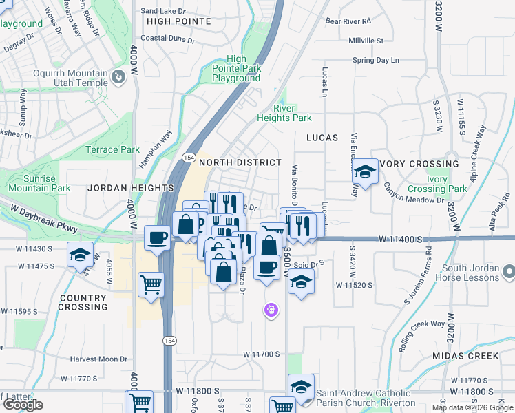 map of restaurants, bars, coffee shops, grocery stores, and more near 3664 Periwinkle Drive in South Jordan