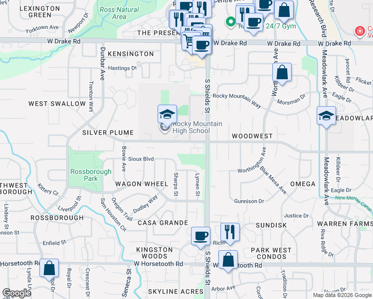 map of restaurants, bars, coffee shops, grocery stores, and more near 1118 Nez Perce Way in Fort Collins