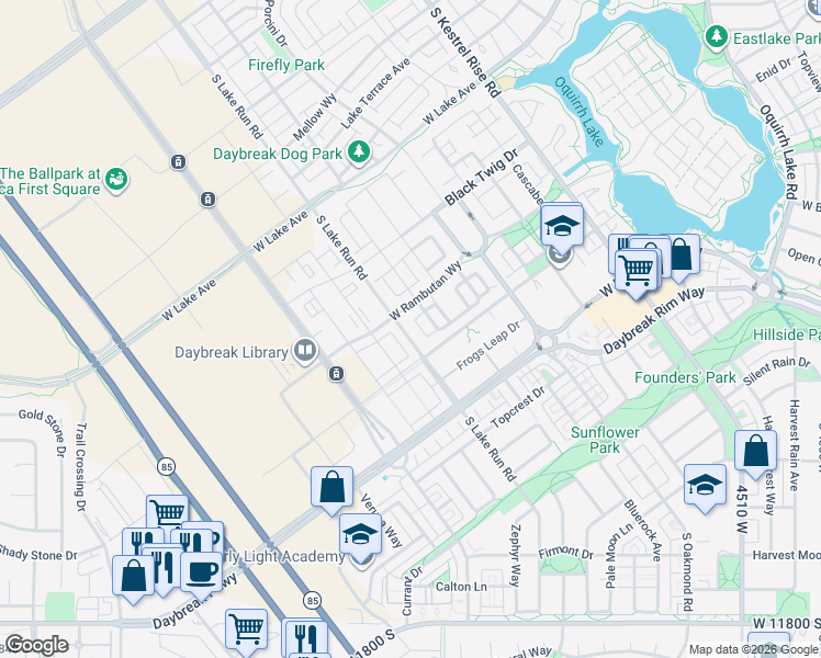 map of restaurants, bars, coffee shops, grocery stores, and more near 11321 South Lake Run Road in South Jordan