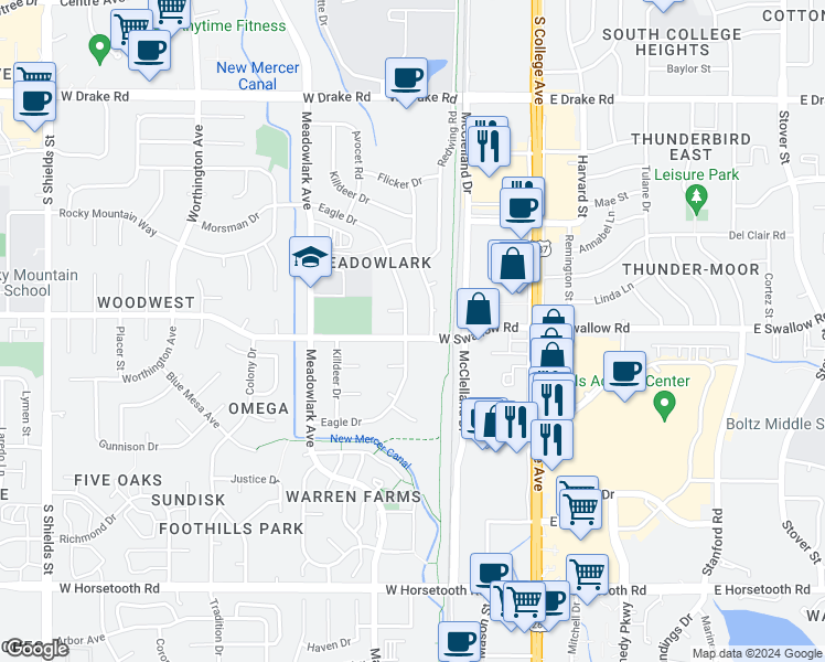 map of restaurants, bars, coffee shops, grocery stores, and more near 400 Robin Court in Fort Collins