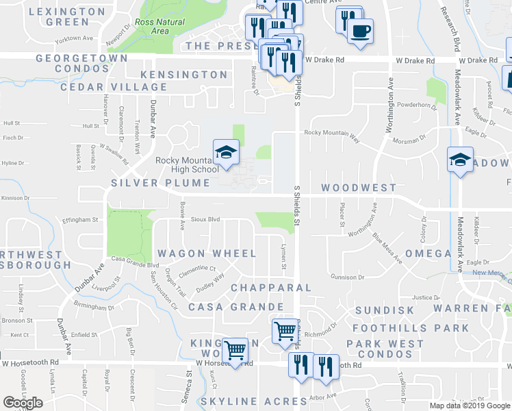 map of restaurants, bars, coffee shops, grocery stores, and more near 3100 Sharps Street in Fort Collins