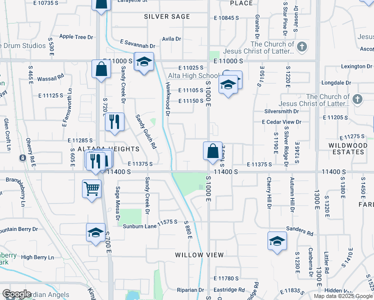 map of restaurants, bars, coffee shops, grocery stores, and more near 955 East 11400 South in Sandy