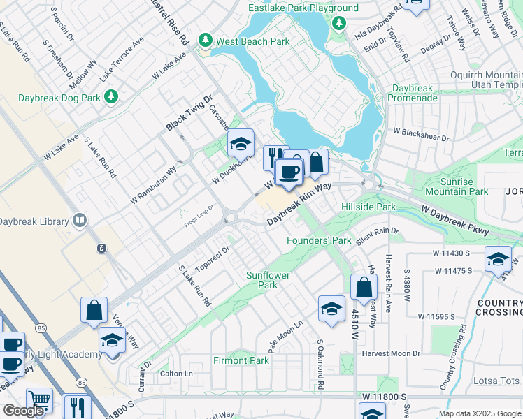 map of restaurants, bars, coffee shops, grocery stores, and more near 4723 Daybreak Rim Way in South Jordan