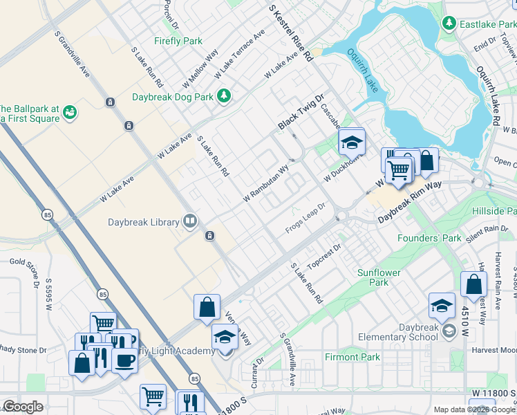 map of restaurants, bars, coffee shops, grocery stores, and more near 11362 Lake Run Road in South Jordan