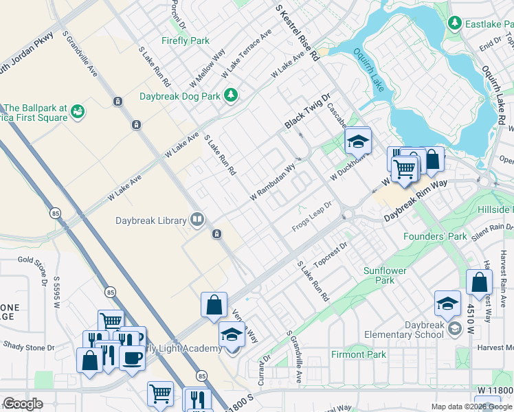 map of restaurants, bars, coffee shops, grocery stores, and more near 11391 Grandville Avenue in South Jordan