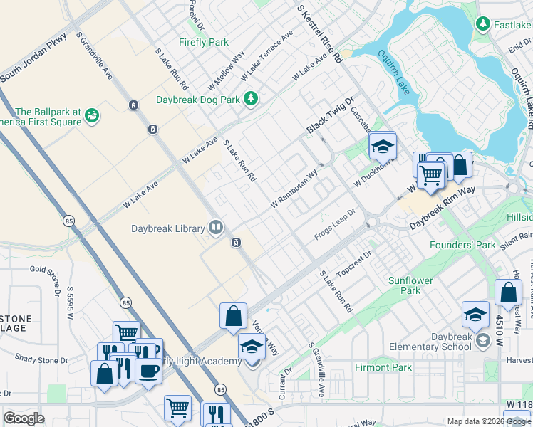 map of restaurants, bars, coffee shops, grocery stores, and more near 11391 Grandville Avenue in South Jordan