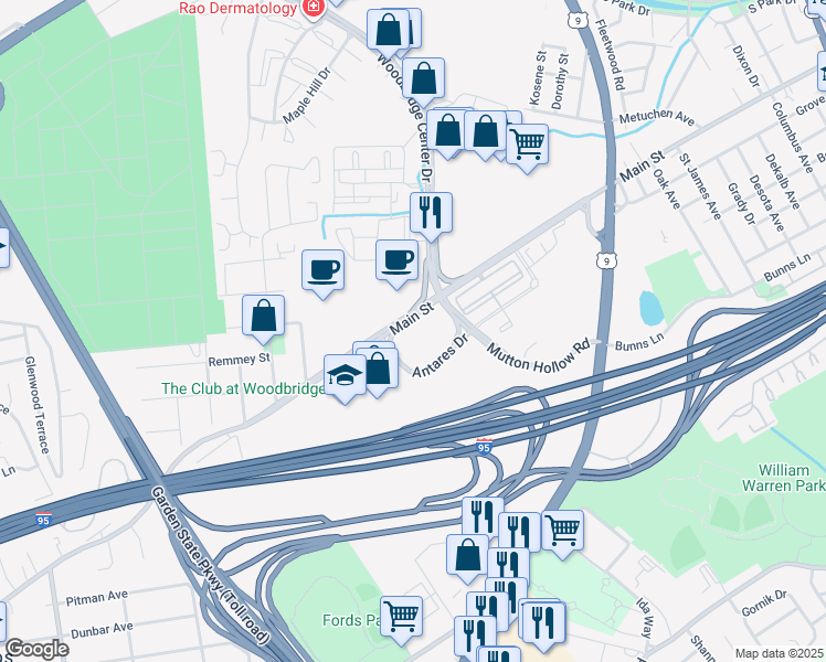 map of restaurants, bars, coffee shops, grocery stores, and more near 541 Main Street in Woodbridge Township