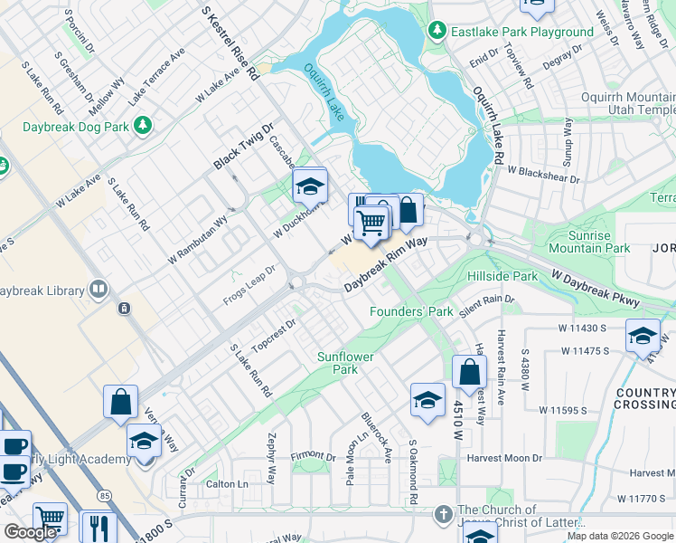 map of restaurants, bars, coffee shops, grocery stores, and more near 4723 Daybreak Rim Way in South Jordan