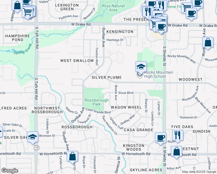 map of restaurants, bars, coffee shops, grocery stores, and more near 1524 Sam Houston Circle in Fort Collins