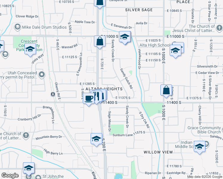 map of restaurants, bars, coffee shops, grocery stores, and more near 11353 750 East in Sandy