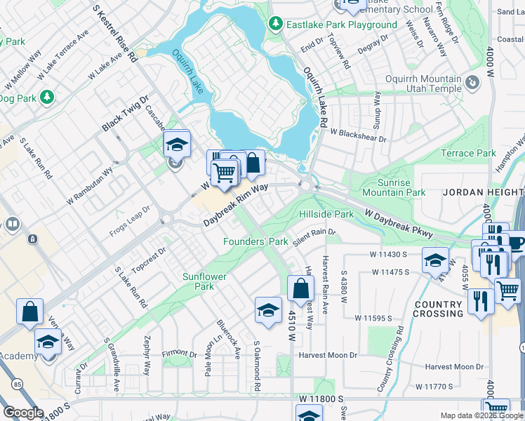 map of restaurants, bars, coffee shops, grocery stores, and more near 11347 South Kestrel Rise Road in South Jordan