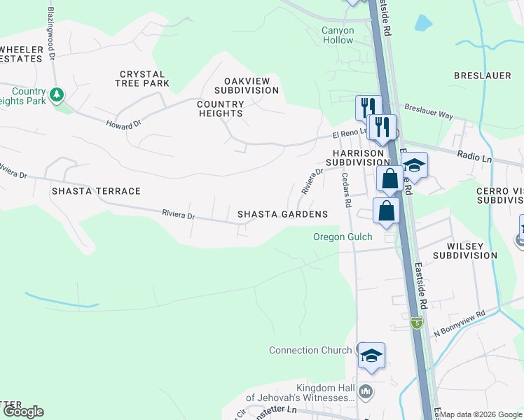 map of restaurants, bars, coffee shops, grocery stores, and more near 1727 Riviera Drive in Redding