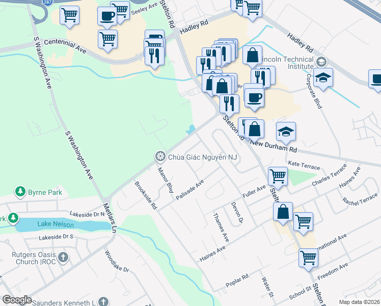map of restaurants, bars, coffee shops, grocery stores, and more near 10 Concord Avenue in Piscataway