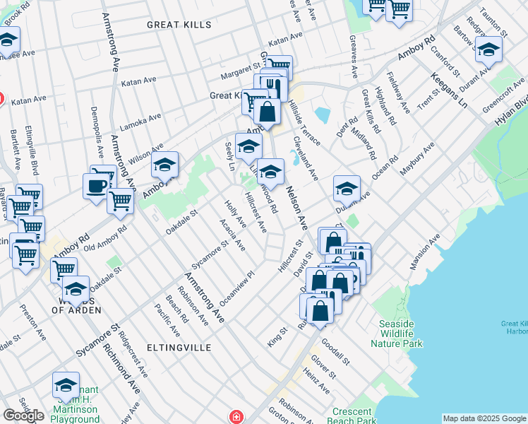 map of restaurants, bars, coffee shops, grocery stores, and more near 77 Hillcrest Avenue in Staten Island