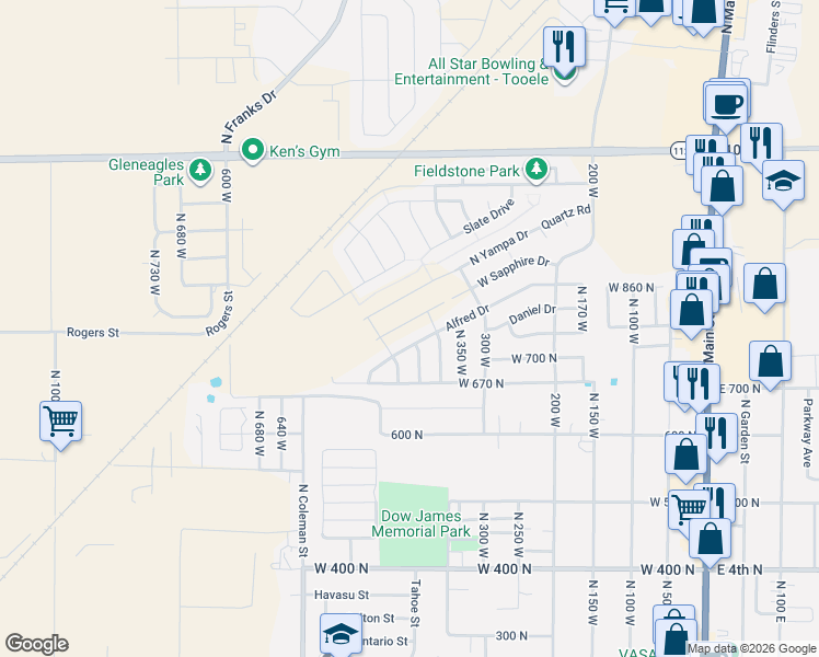 map of restaurants, bars, coffee shops, grocery stores, and more near 435 West Sapphire Drive in Tooele