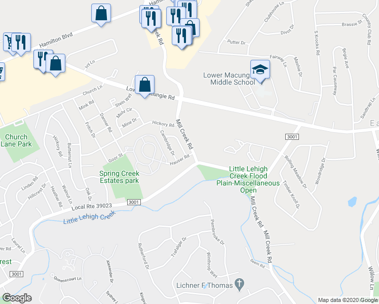 map of restaurants, bars, coffee shops, grocery stores, and more near 1601 Kennington Lane in Macungie