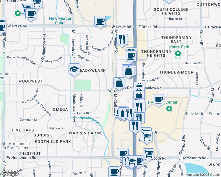 map of restaurants, bars, coffee shops, grocery stores, and more near 300 West Swallow Road in Fort Collins