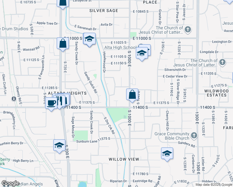 map of restaurants, bars, coffee shops, grocery stores, and more near 955 East 11400 South in Sandy