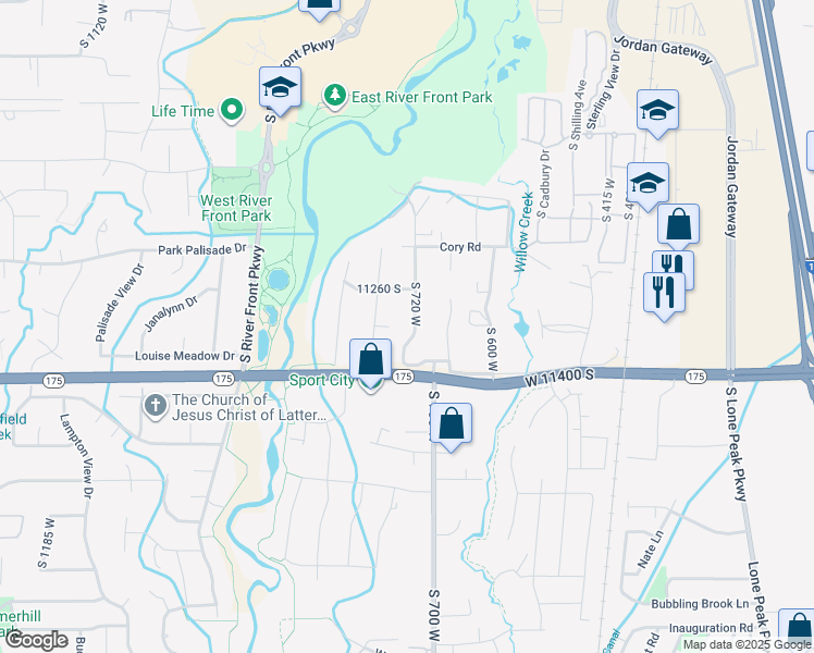 map of restaurants, bars, coffee shops, grocery stores, and more near 11324 Trent Drive in South Jordan