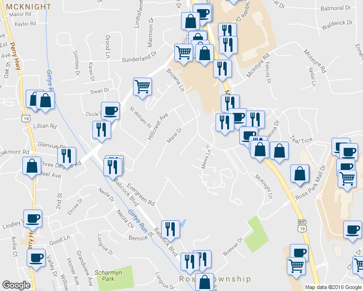 map of restaurants, bars, coffee shops, grocery stores, and more near 8 Pinewood Terrace in Pittsburgh