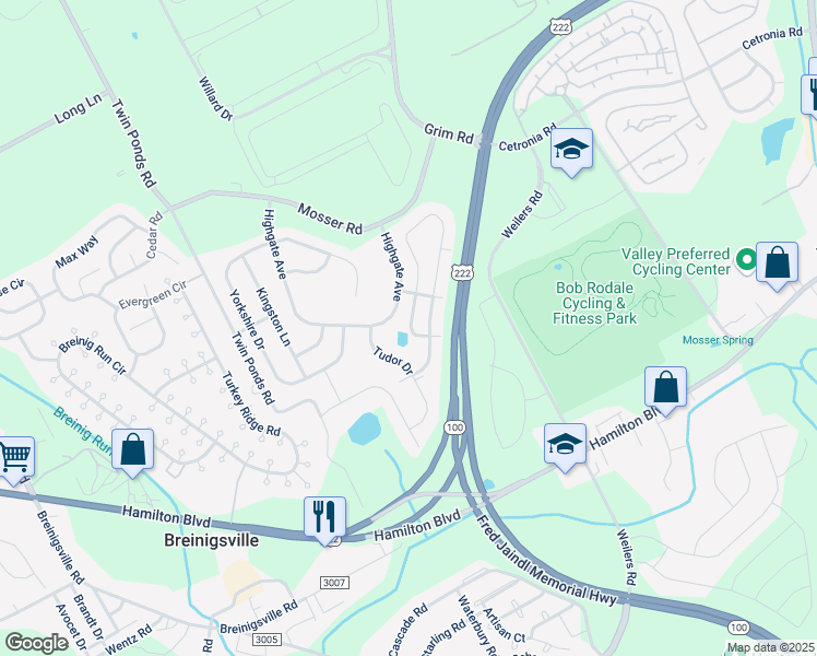 map of restaurants, bars, coffee shops, grocery stores, and more near 855 King Way in Breinigsville