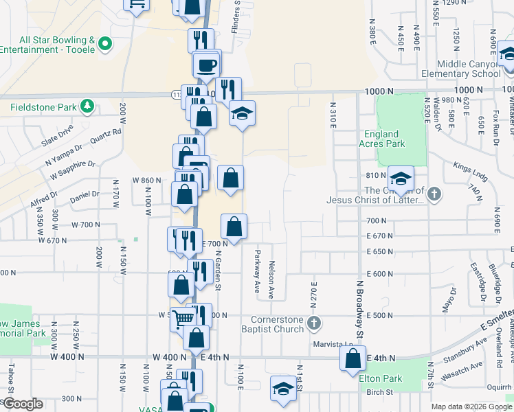 map of restaurants, bars, coffee shops, grocery stores, and more near 734 North 100 East in Tooele