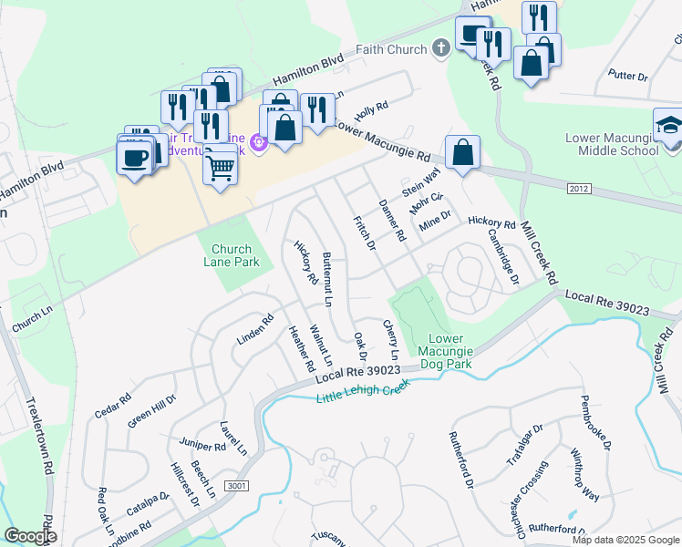 map of restaurants, bars, coffee shops, grocery stores, and more near 6885 Linden Circle in Macungie