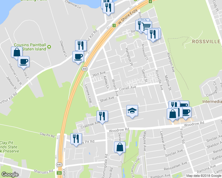 map of restaurants, bars, coffee shops, grocery stores, and more near 434 Winant Avenue in Staten Island