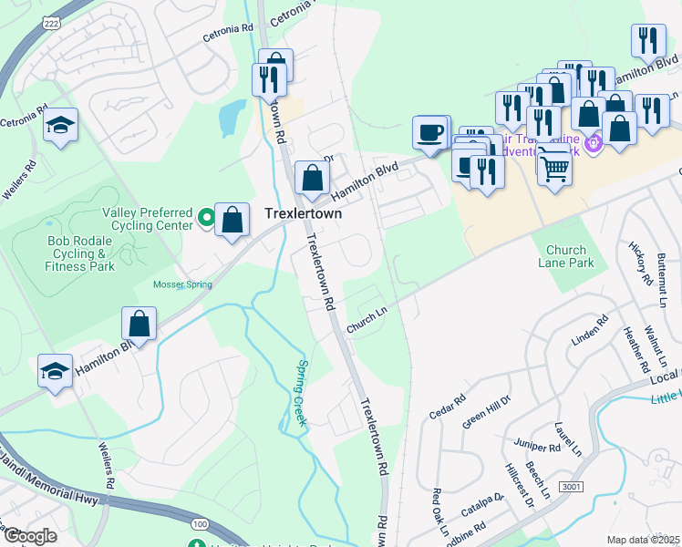 map of restaurants, bars, coffee shops, grocery stores, and more near 7628 Brandywine Circle in Trexlertown