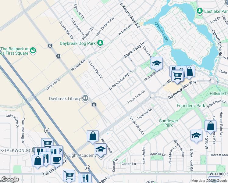 map of restaurants, bars, coffee shops, grocery stores, and more near 11317 South Lake Run Road in South Jordan