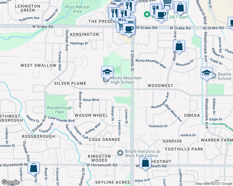 map of restaurants, bars, coffee shops, grocery stores, and more near 1231 West Swallow Road in Fort Collins