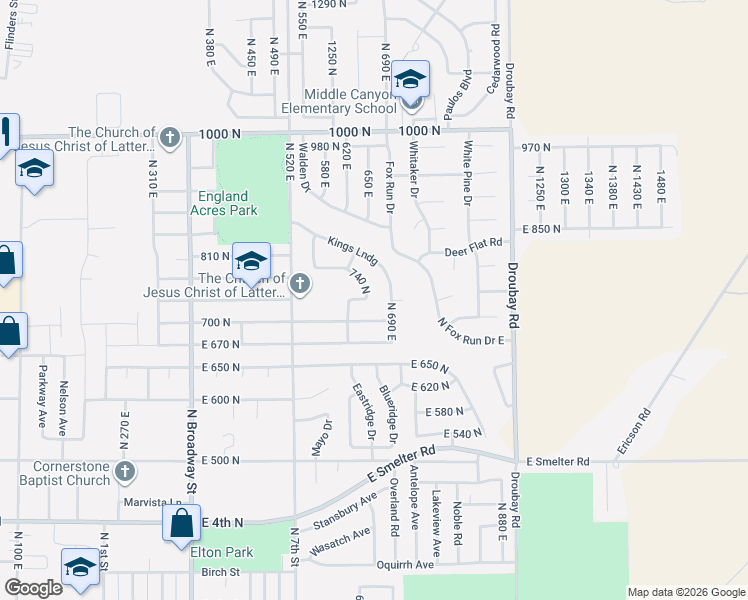 map of restaurants, bars, coffee shops, grocery stores, and more near 803 Fox Run Drive in Tooele