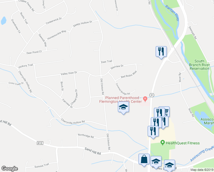 map of restaurants, bars, coffee shops, grocery stores, and more near 28 Old Clinton Road in Flemington