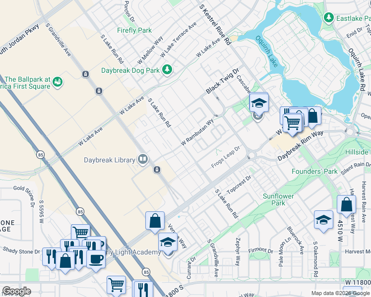 map of restaurants, bars, coffee shops, grocery stores, and more near 11267 Lake Run Road in South Jordan