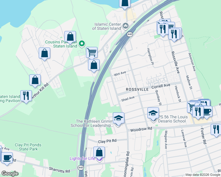 map of restaurants, bars, coffee shops, grocery stores, and more near 14 Lorraine Loop in Staten Island