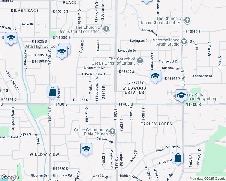 map of restaurants, bars, coffee shops, grocery stores, and more near 11315 Sandy Ridge Circle in Sandy