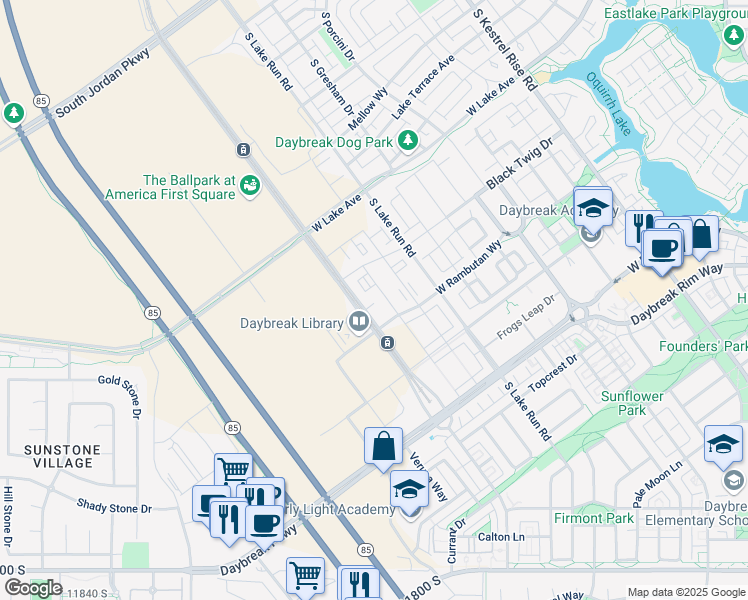 map of restaurants, bars, coffee shops, grocery stores, and more near 11321 South Grandville Avenue in South Jordan