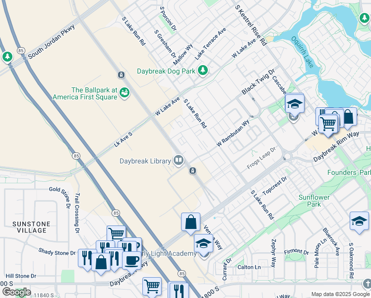 map of restaurants, bars, coffee shops, grocery stores, and more near 11321 South Grandville Avenue in South Jordan