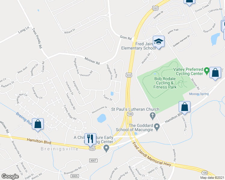 map of restaurants, bars, coffee shops, grocery stores, and more near 865 King Way in Breinigsville