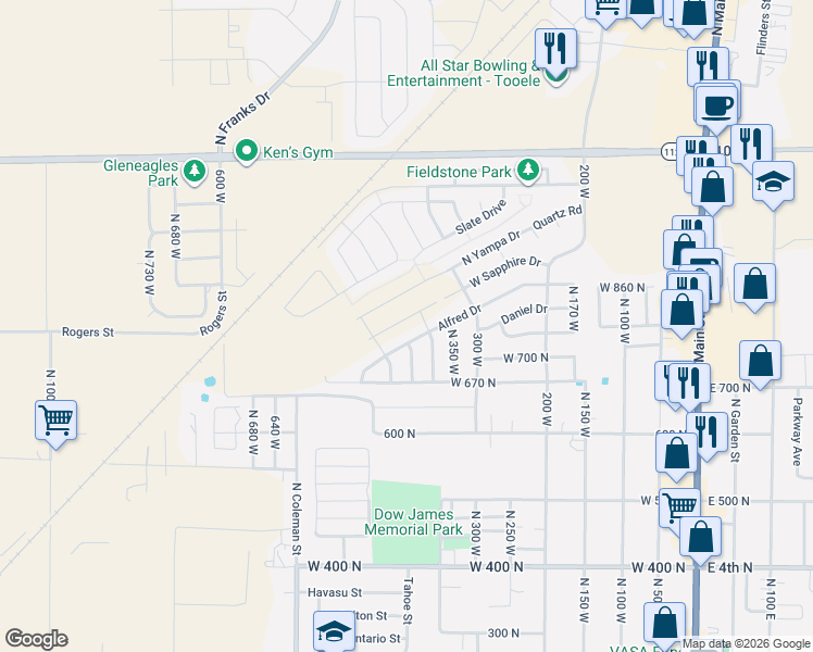 map of restaurants, bars, coffee shops, grocery stores, and more near 376 Alfred Drive in Tooele