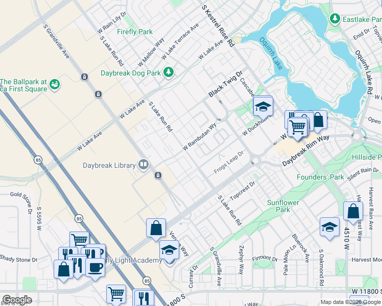 map of restaurants, bars, coffee shops, grocery stores, and more near 11313 South Lake Run Road in South Jordan