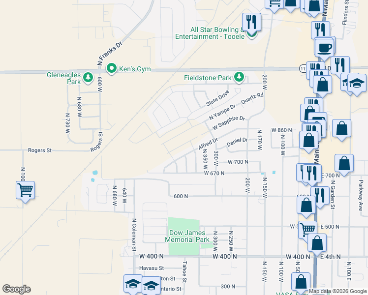 map of restaurants, bars, coffee shops, grocery stores, and more near 429 West Sapphire Drive in Tooele