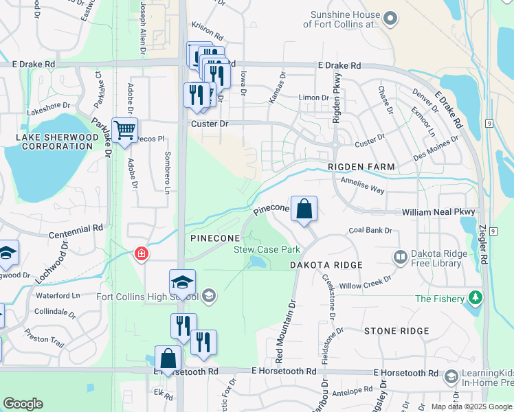 map of restaurants, bars, coffee shops, grocery stores, and more near 3007 San Luis Court in Fort Collins