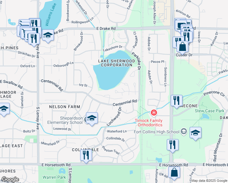 map of restaurants, bars, coffee shops, grocery stores, and more near 1712 Lake Sherwood Drive in Fort Collins