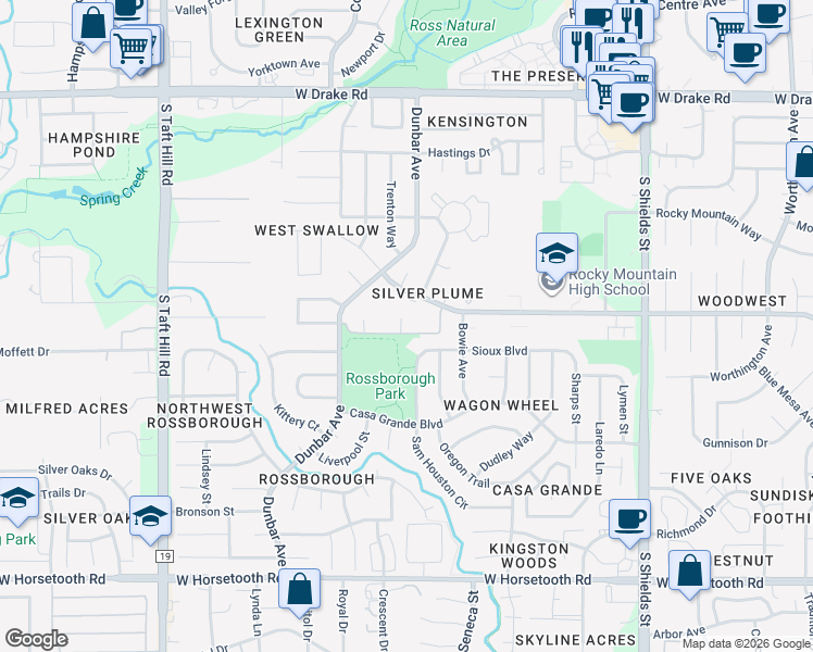 map of restaurants, bars, coffee shops, grocery stores, and more near 1531 West Swallow Road in Fort Collins