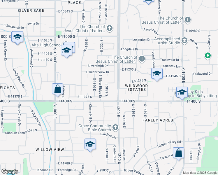 map of restaurants, bars, coffee shops, grocery stores, and more near 1251 Sandy Ridge Drive in Sandy