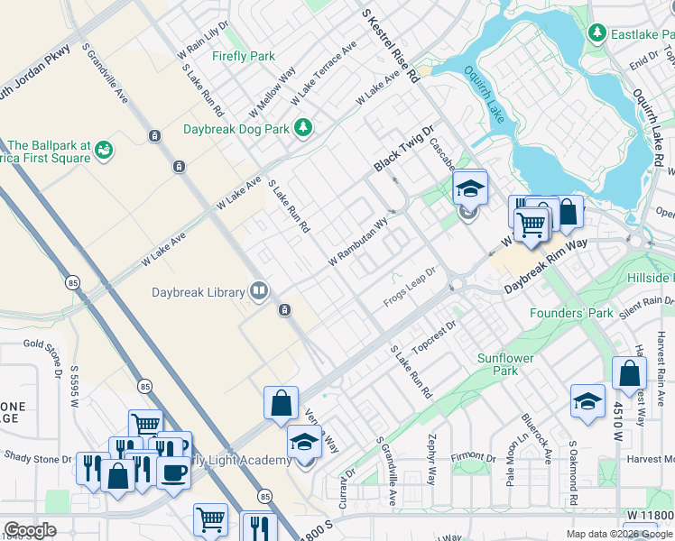 map of restaurants, bars, coffee shops, grocery stores, and more near 11267 Lake Run Road in South Jordan