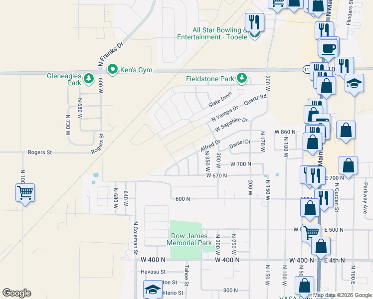 map of restaurants, bars, coffee shops, grocery stores, and more near 376 Alfred Drive in Tooele
