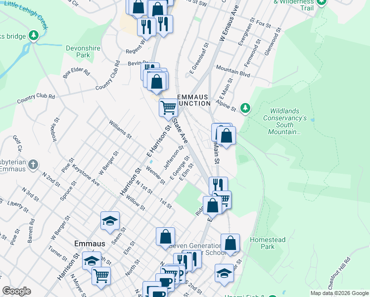 map of restaurants, bars, coffee shops, grocery stores, and more near 417 Beechwood Street in Emmaus