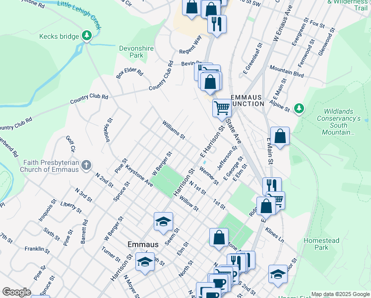map of restaurants, bars, coffee shops, grocery stores, and more near 24 East Berger Street in Emmaus